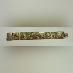 Vintage MCM Turkish Silver marked mother of Pearl hand, painted 8 panels